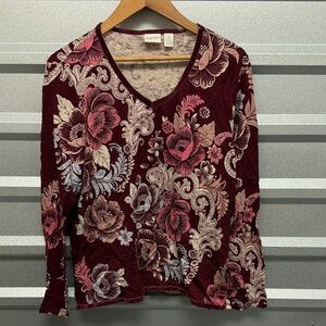 Chicos Womens V Neck Velvet Paisley Long Sleeve Sequins Tee Size 2 ZENERGY Artsy